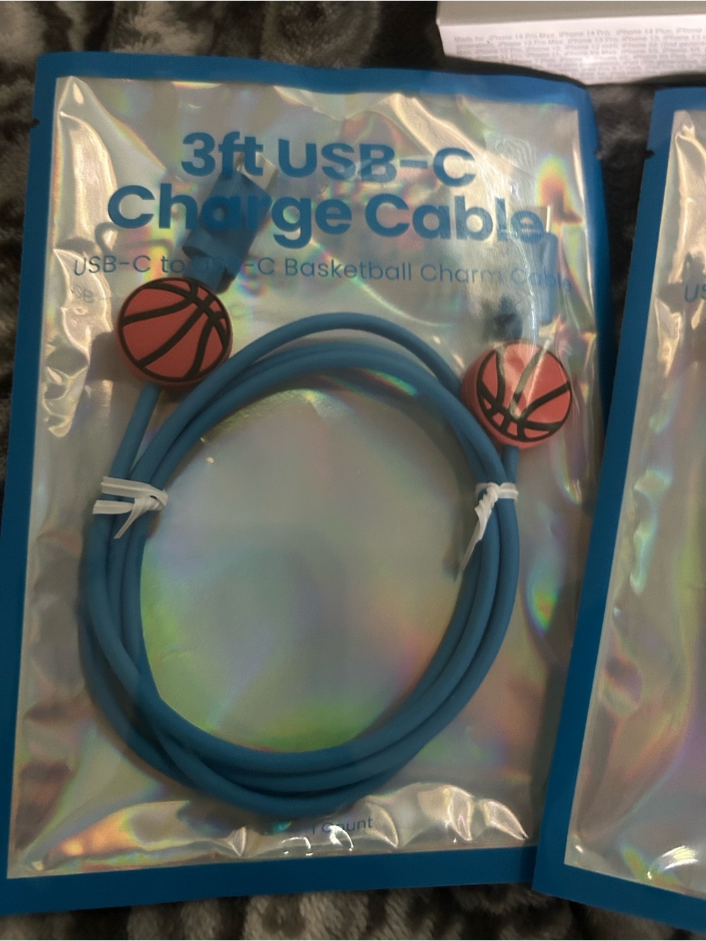 2 Blue 3ft USB-C Charge Cable with Basketball Charms